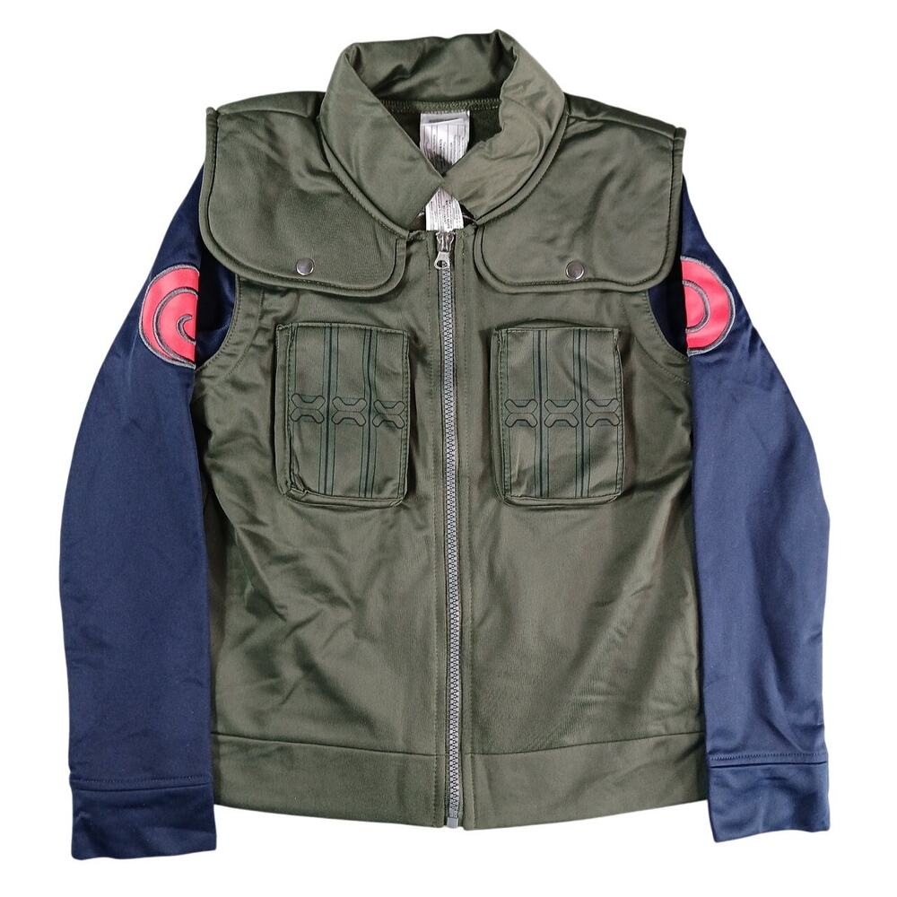 Vintage Naruto Shippuden Jacket Boys Medium Green Zipper Pockets Stretch